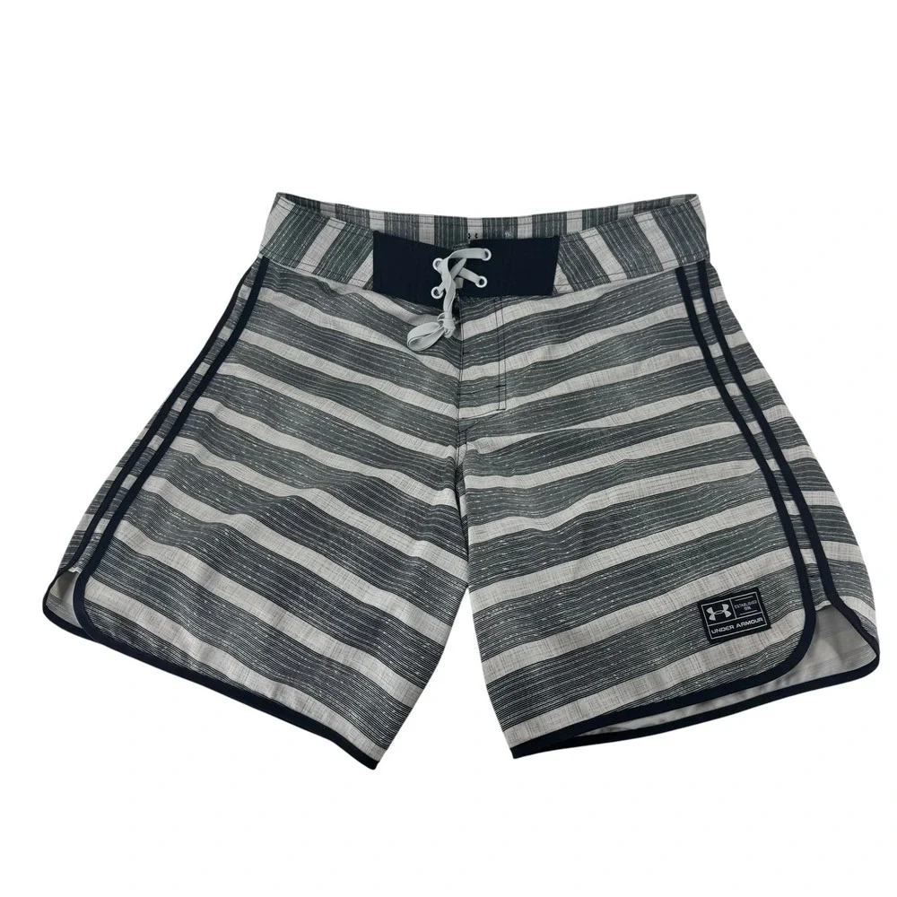 Under Armour HeatGear Mens Striped Board Shorts Grey White Swim Trunks Size 34